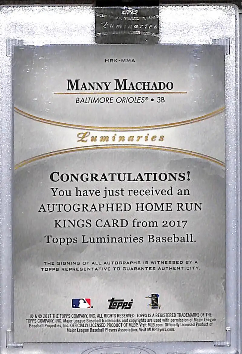 2017 Topps Luminaries Home Run Kings Red #HRK-MMA Manny Machado NM-MT Auto 4/10 Baltimore Orioles - Baseball Card Single