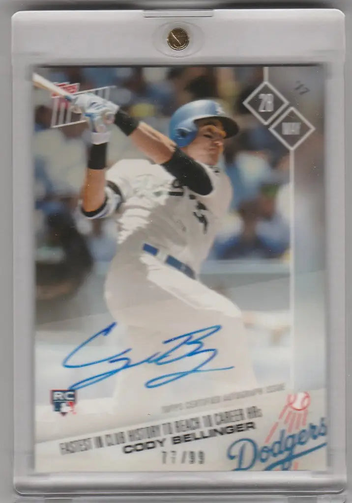 Baseball card of Cody Bellinger mid-swing with autograph, 194A Cody Bellinger Fastest to 10 HR