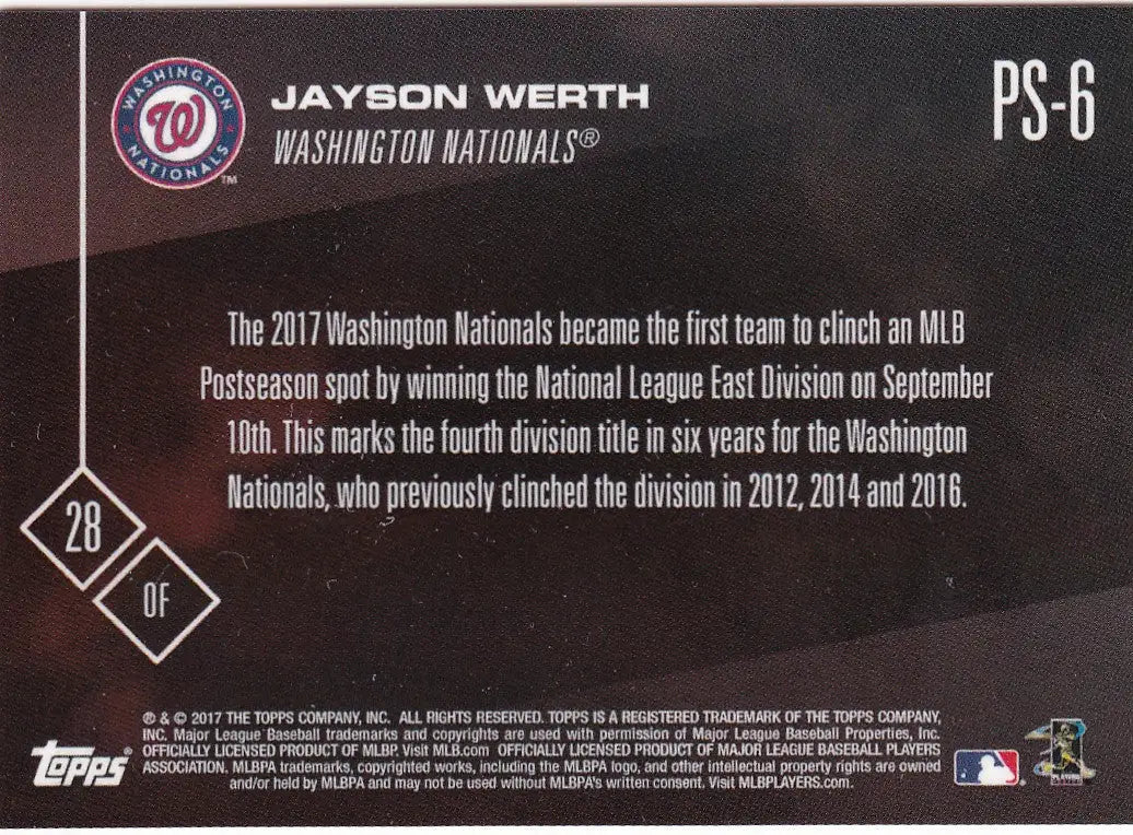 2017 TOPPS NOW JPOST SEASON AYSON WERTH #PS-6 WASHINGTON NATIONALS - Baseball Card Single