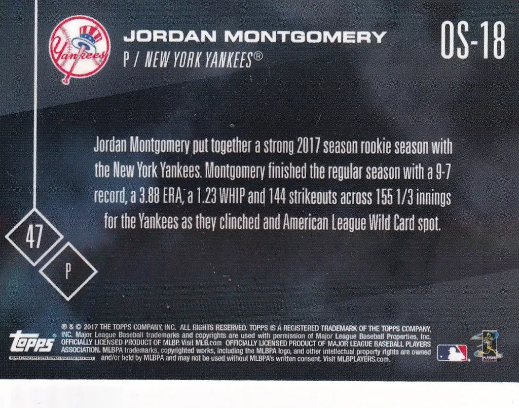 2017 TOPPS NOW OFFSEASON #OS-18 JORDAN MONTGOMERY- NEW YORK YANKEES - Baseball Card Single