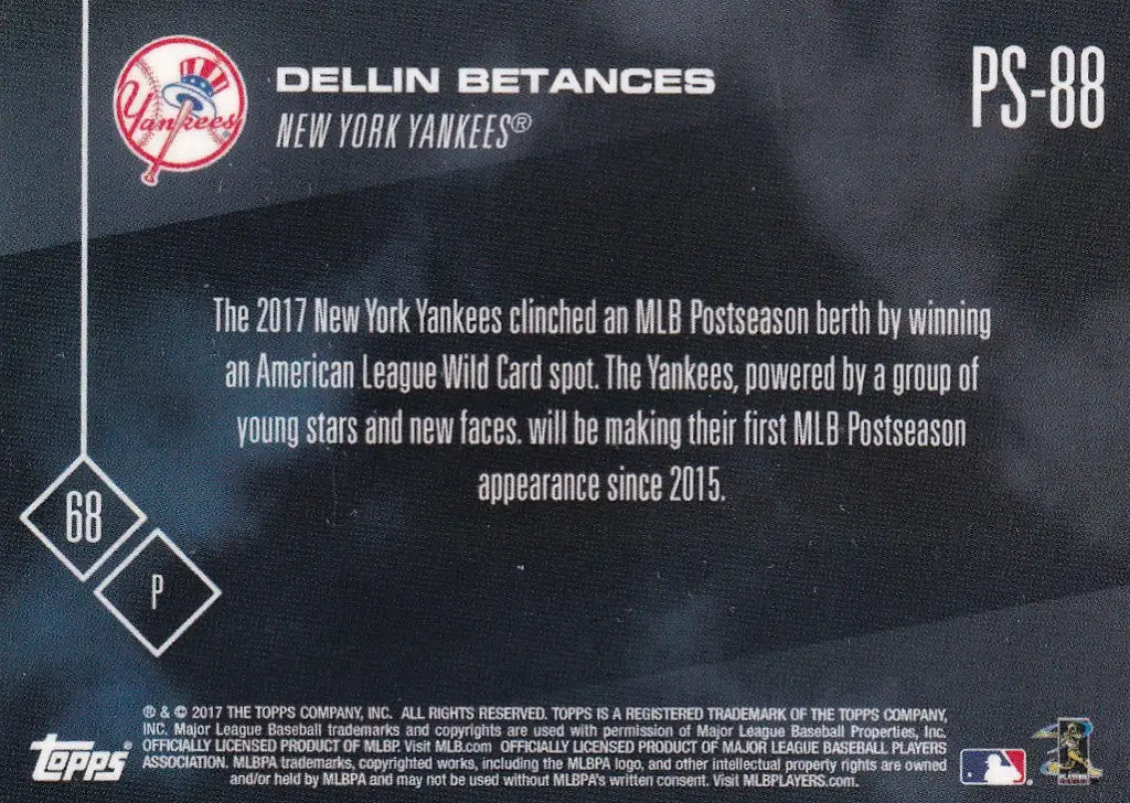2017 TOPPS NOW POST SEAOSN #PS-88 DELLIN BETANCES- NEW YORK YANKEES - Baseball Card Single