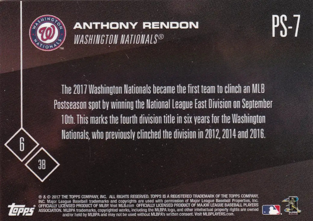2017 TOPPS NOW POST SEASON ANTHONY RENDON #PS-7 WASHINGTON NATIONALS - Baseball Card Single