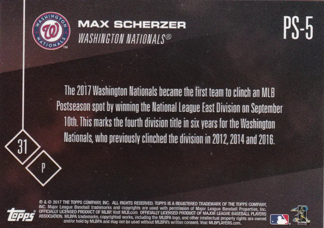 2017 TOPPS NOW POST SEASON MAX SCHERZER #PS-5 WASHINGTON NATIONALS - Baseball Card Single