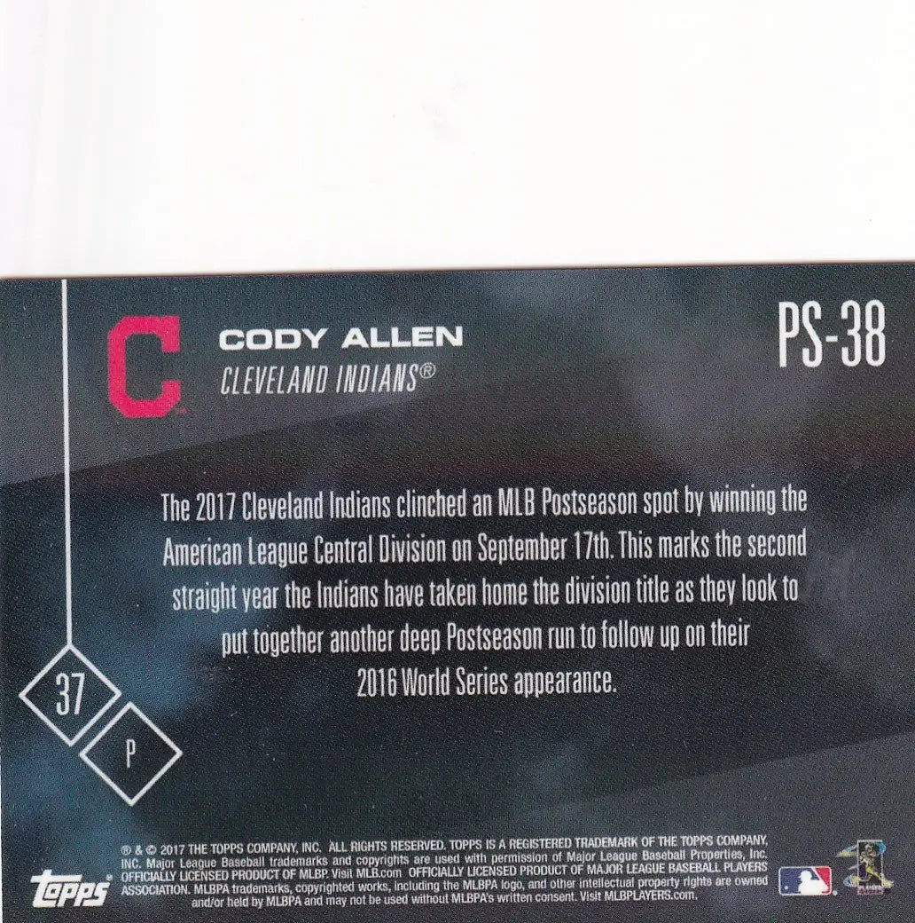 2017 TOPPS NOW POST SEASON #PS-38 CODY ALLEN- CLEVELAND INDIANS - Baseball Card Single