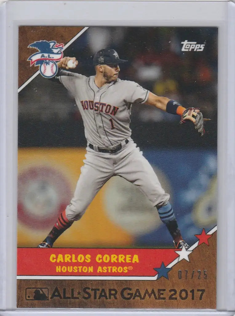 Baseball card of Carlos Correa Houston Astros in a throwing pose from 2017 Topps