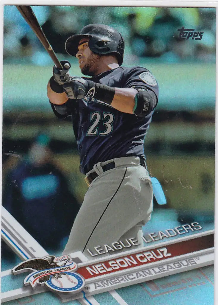 Baseball player in gray uniform 23 swinging bat Topps Rainbow Foil Nelson Cruz Seattle Mariners