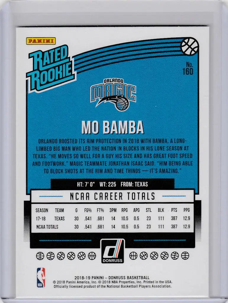 Basketball trading card of Mo Bamba rookie for Orlando Magic 2018-19 Donruss #160
