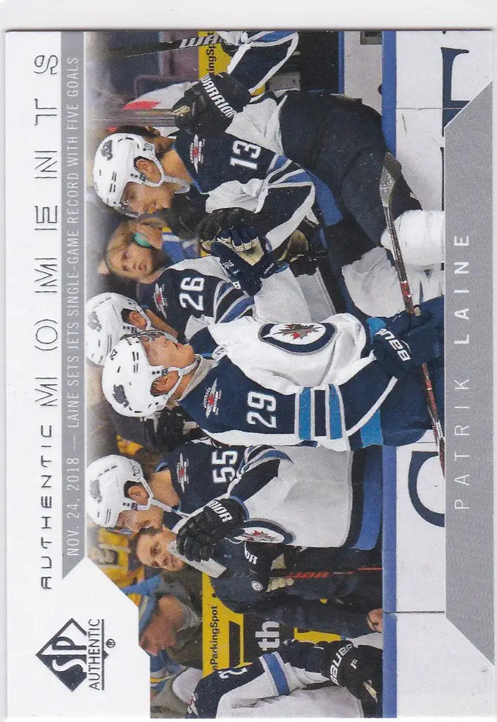 Hockey trading card of Patrik Laine from the Winnipeg Jets in 2018-19 Upper Deck SP Authentic Moments