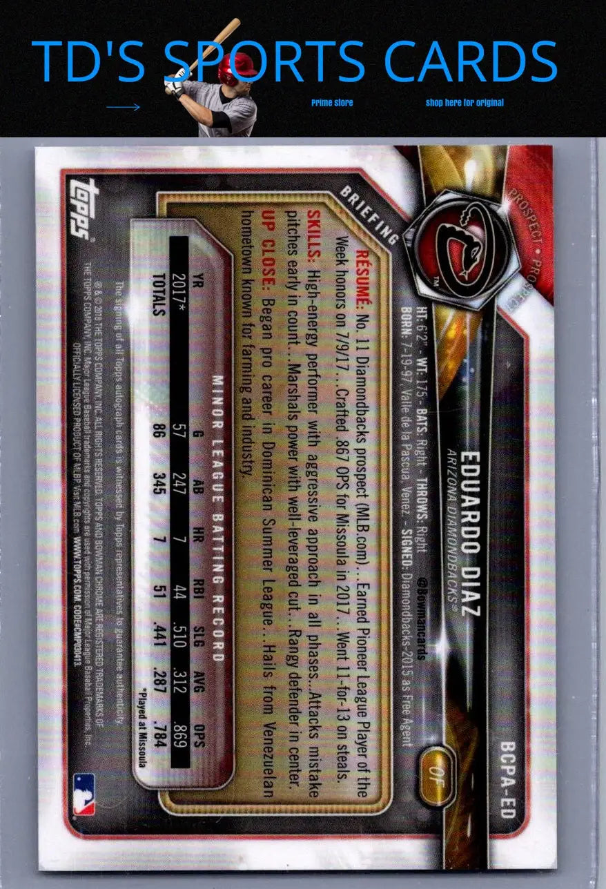 Baseball card of Eduardo Diaz from 2018 Bowman Chrome Diaz Prospects Autographs series