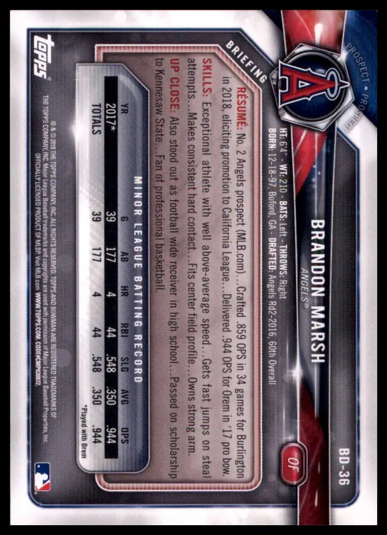 2018 Bowman Draft Brandon Marsh BD-36 Los Angeles Angels NM - Baseball Card Single