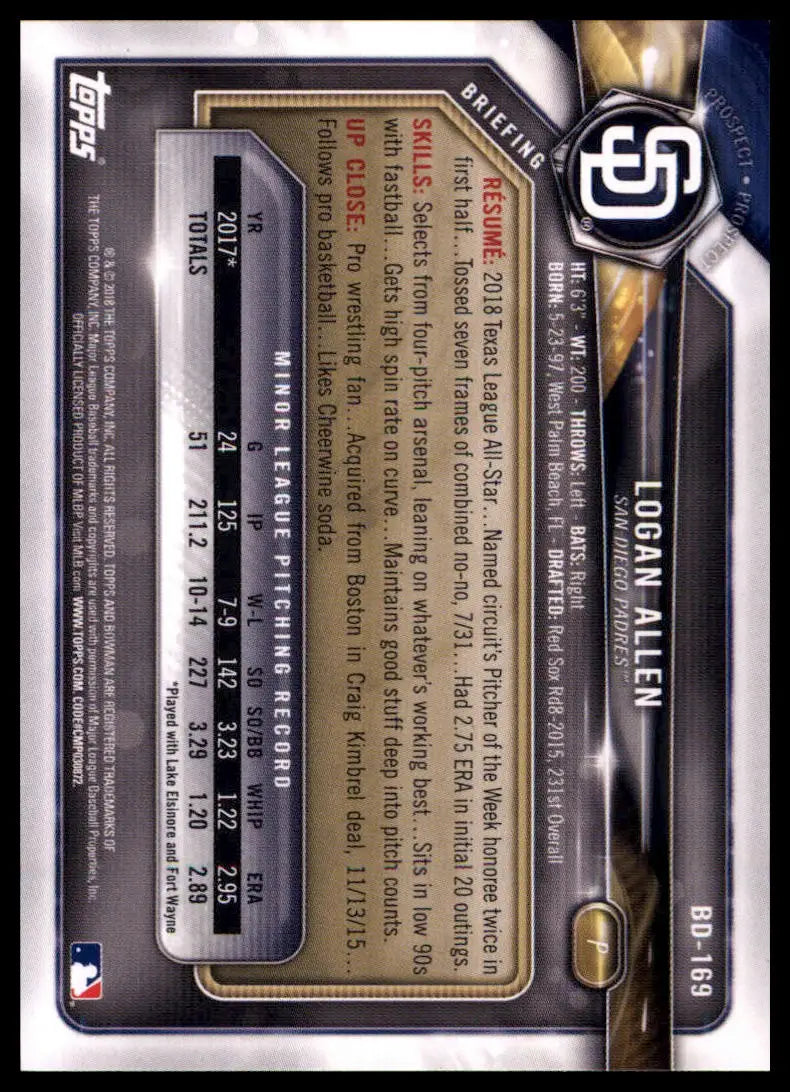 2018 Bowman Draft Logan Allen BD-169 San Diego Padres NM - Baseball Card Single