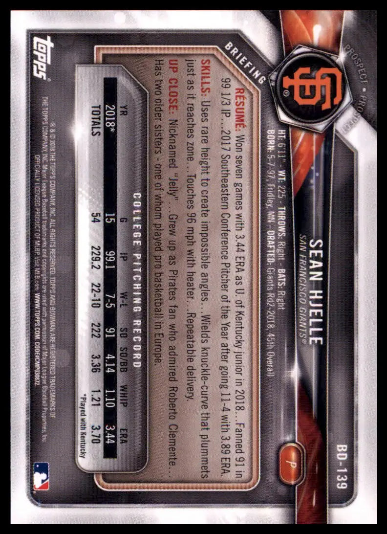 2018 Bowman Draft Sean Hjelle BD-139 1st San Francisco Giants NM - Baseball Card Single