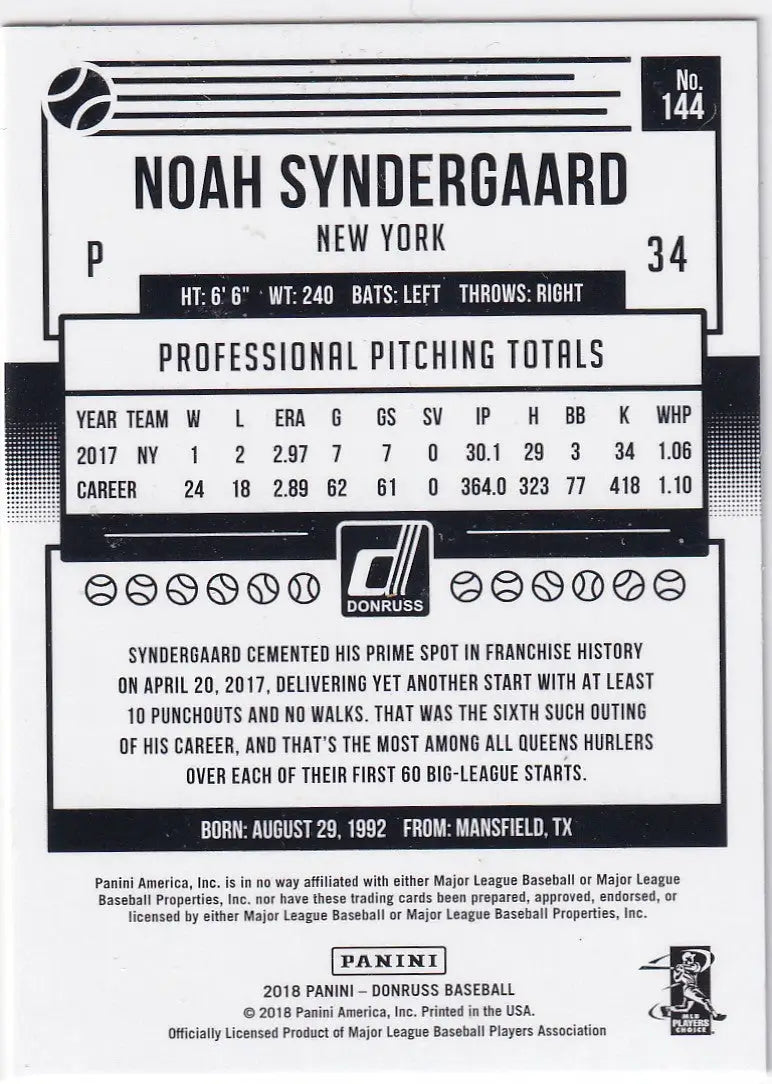 2018 DONRUSS #144 NOAH SYNDERGAARD- NEW YORK METS - Baseball Card Single