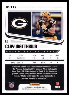 2018 Score Base Clay Matthews Green Bay Packers 117 - Football Card Single