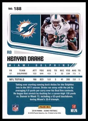 2018 Score Base Kenyan Drake Miami Dolphins 188 - Football Card Single