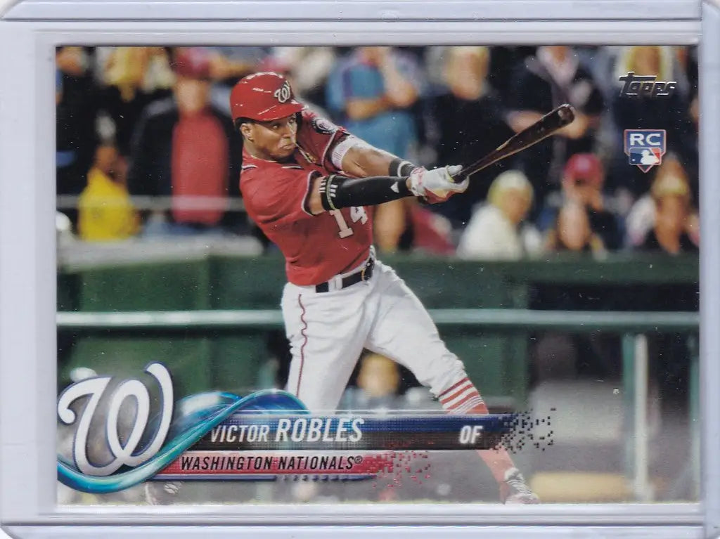 Baseball card of Victor Robles mid-swing, 2018 Topps #166 Washington Nationals RC