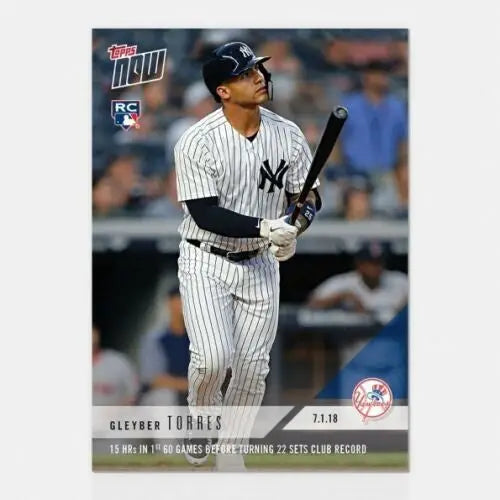Baseball card of Gleyber Torres in Yankees pinstripes, sets record for home runs