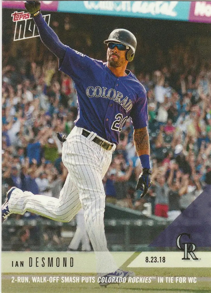 Ian Desmond celebrates a walk-off smash in Colorado Rockies uniform on trading card