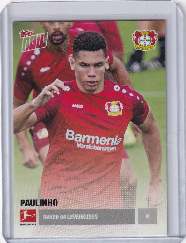 Soccer trading card of Paulinho Bayer in red jersey for 2018 TOPPS NOW KICKOFF