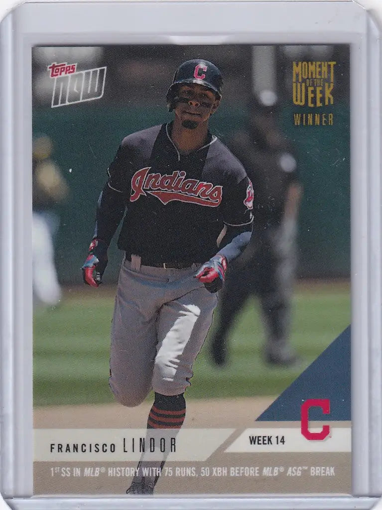 Baseball card of Francisco Lindor running on field in 2018 Topps Now Week Winner Gold