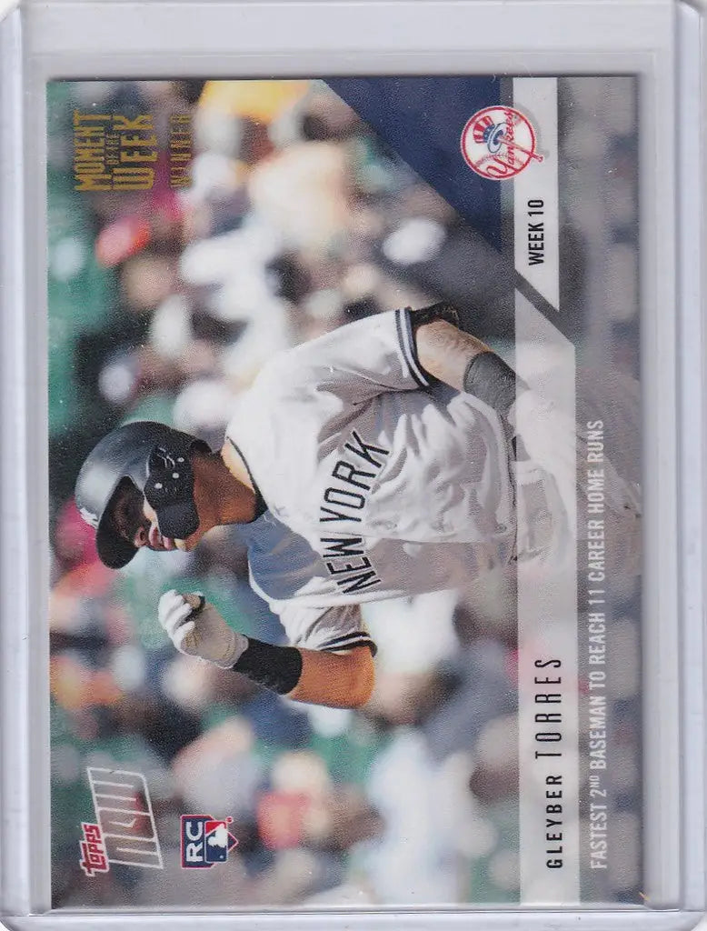 Baseball trading card of Gleyber Torres swinging bat for New York Yankees MOW10W