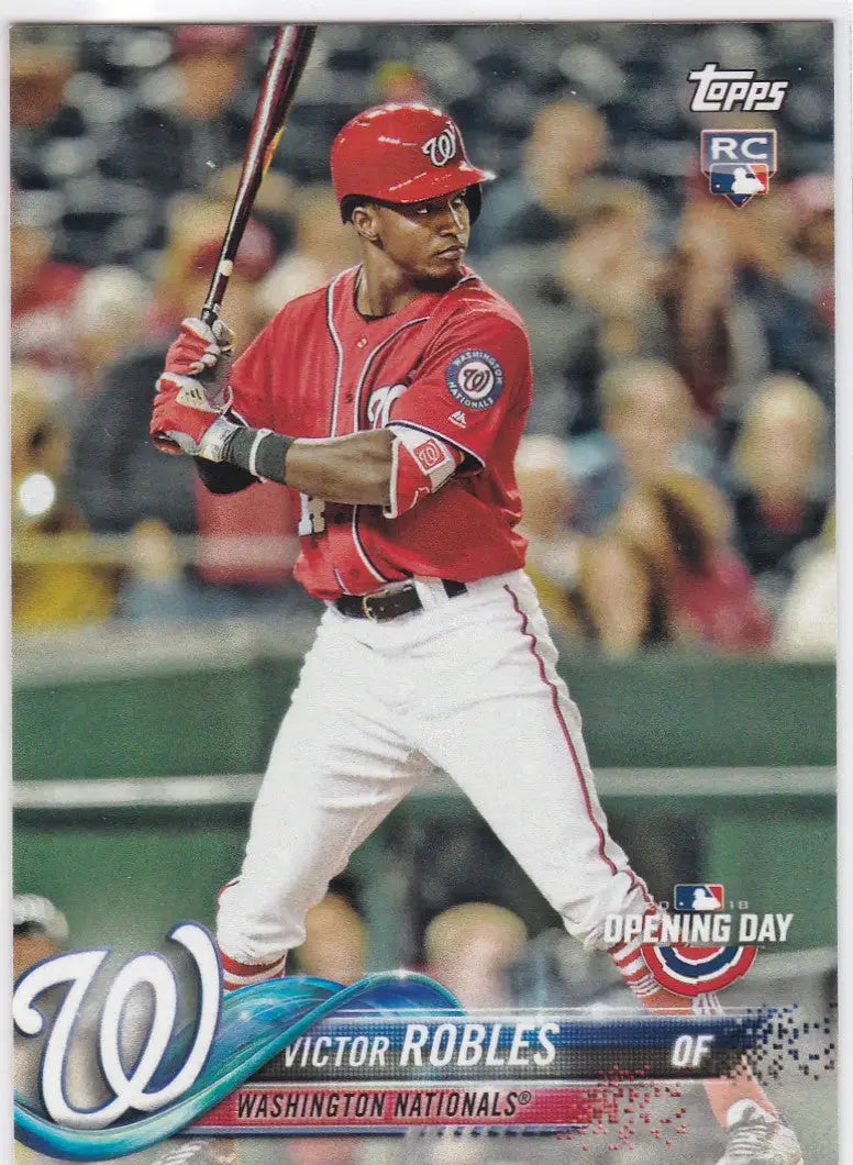 Baseball player in red Washington Nationals uniform batting for Topps Opening Day Robles RC