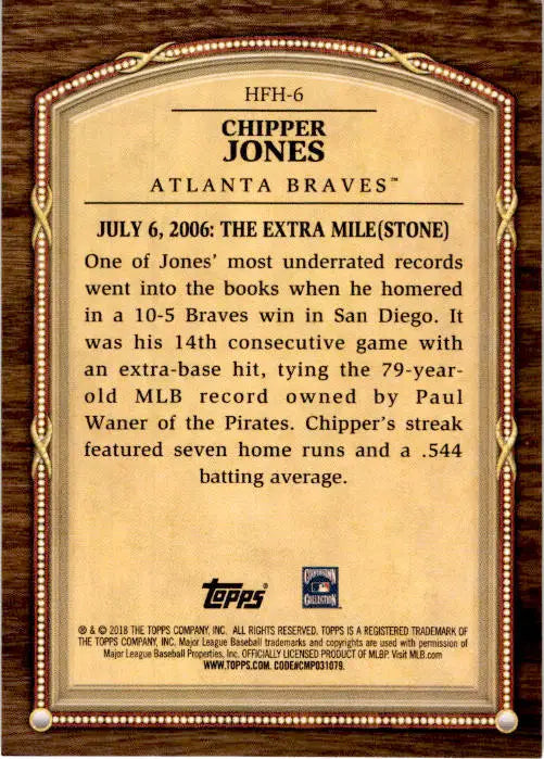 2018 Topps Update #HFH-6 Chipper Jones Hall of Famer Highlights Black - Baseball Card Single