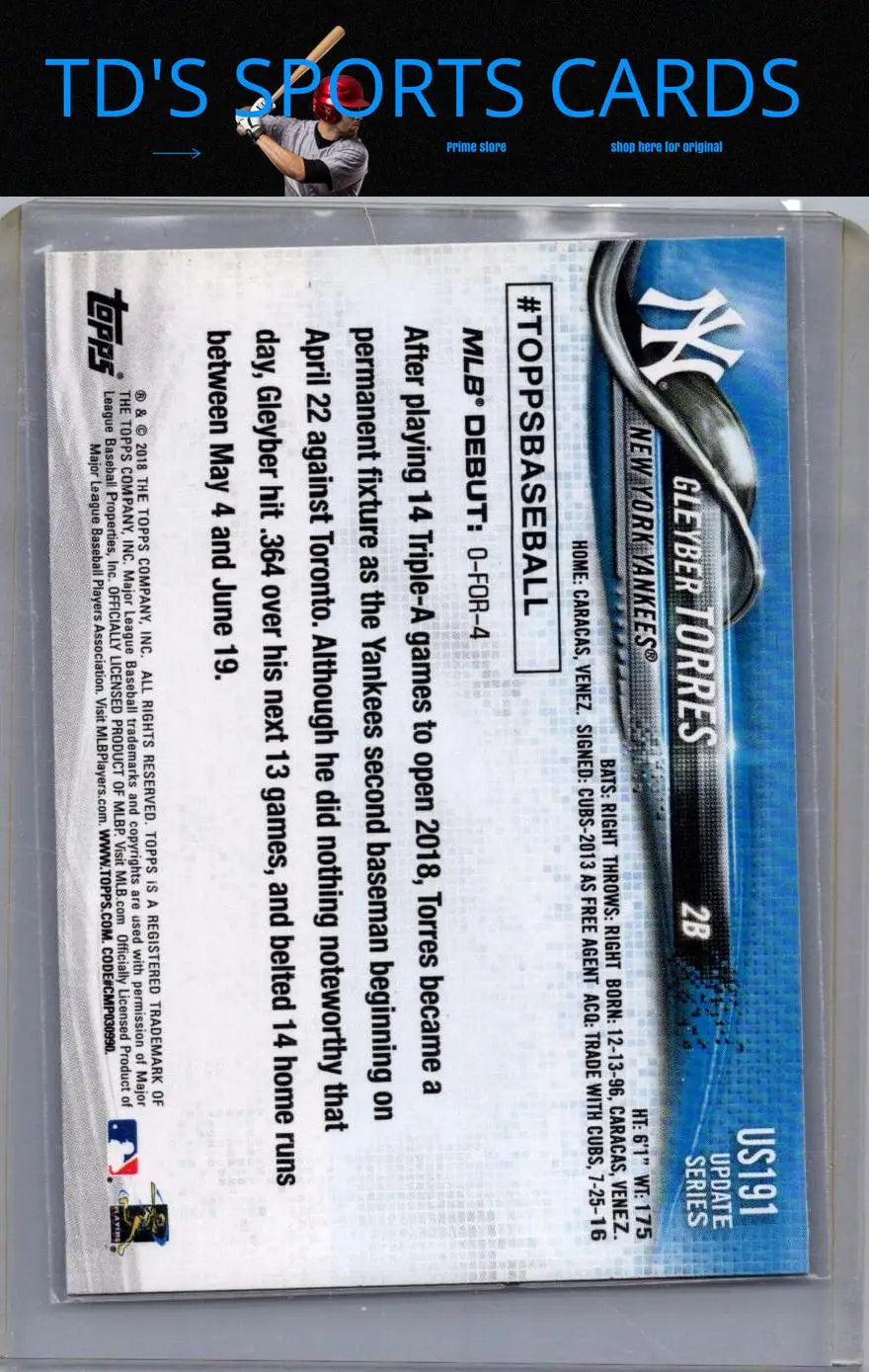 Gleyber Torres baseball card from 2018 Topps Update US191 Gleyber Torres edition