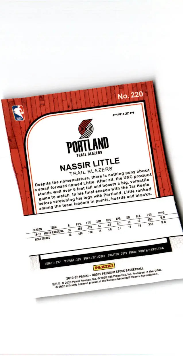 2019-20 Hoops Premium Stock #220 Nassir Little Prizms Purple Disco - Basketball Card Single