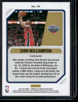 2019-20 Panini Chronicles Threads Zion Williamson #No. 78 RC Basketball - Basketball Card Single