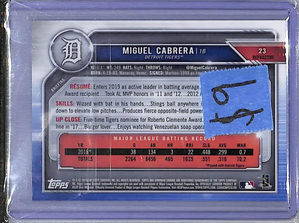 2019 Bowman Chrome #23 Miguel Cabrera NM-MT 113/499 Detroit Tigers