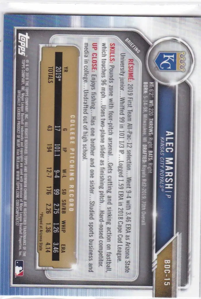 2019 Bowman Chrome #BDC-15 Alec Marsh Kansas City Royals - Baseball Card Single