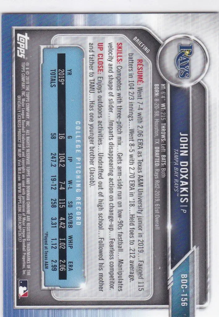 2019 Bowman Chrome #BDC-156 John Doxakis Tampa Bay Rays - Baseball Card Single