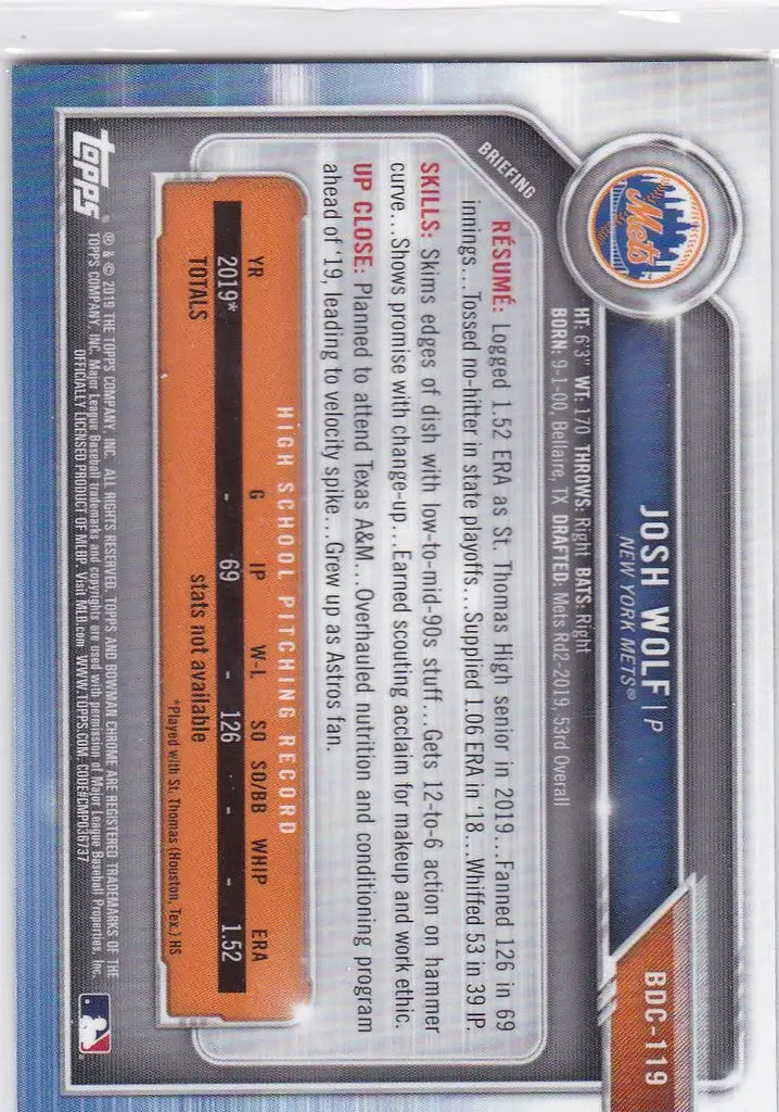 2019 Bowman Chrome Draft #BDC-119 Josh Wolf 1st Bowman New York Mets - Baseball Card Single
