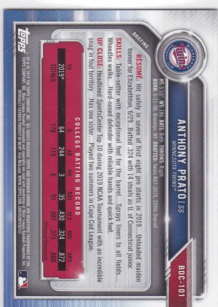 2019 Bowman Draft #BDC-101 Anthony Prato 1st Bowman Minnesota Twins - Baseball Card Single