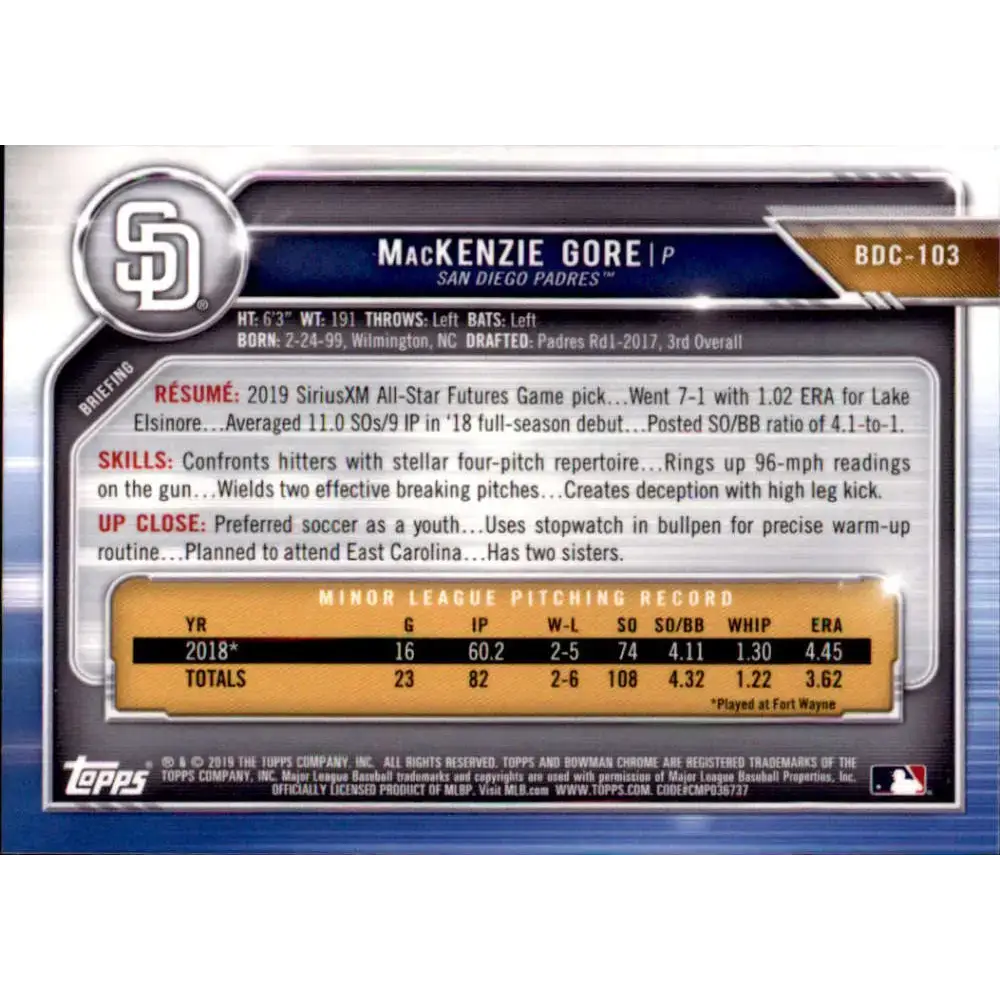 2019 Bowman Draft Chrome #BDC-103 MacKenzie Gore NM-MT San Diego Padres Baseball Card - Baseball Card Single