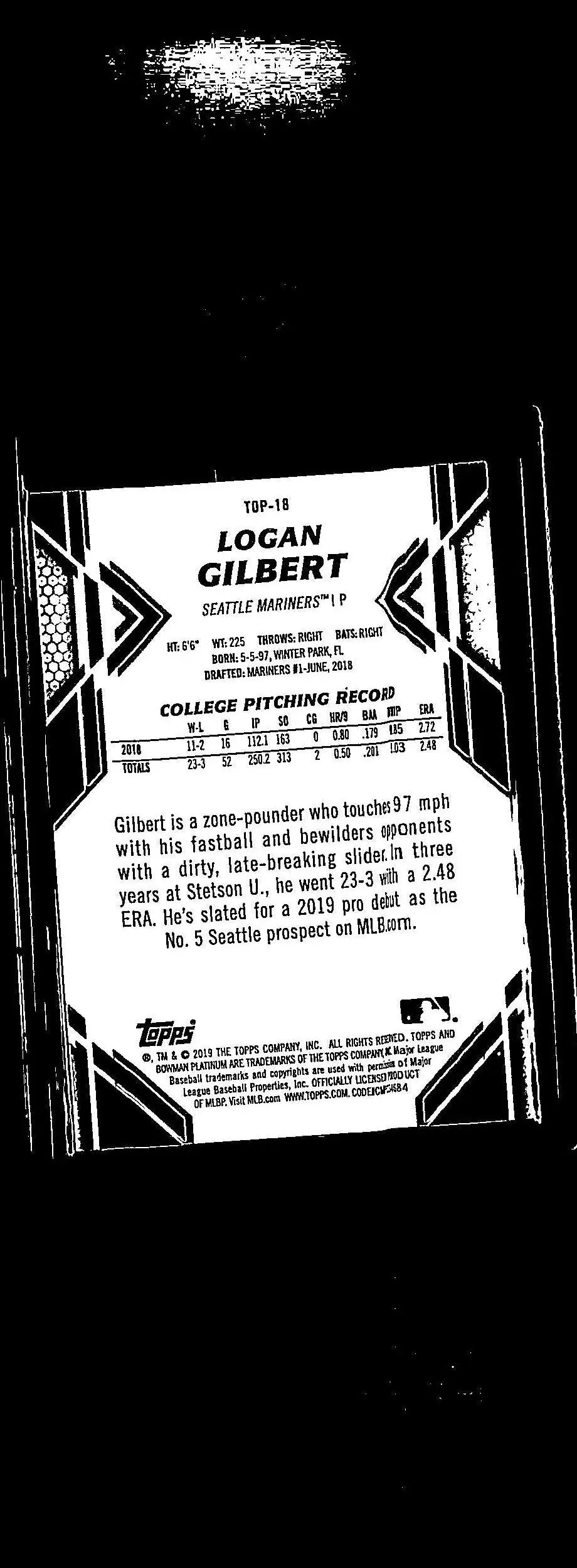 Baseball card featuring Logan Gilbert Bowman Platinum prospects purple gloss #/250