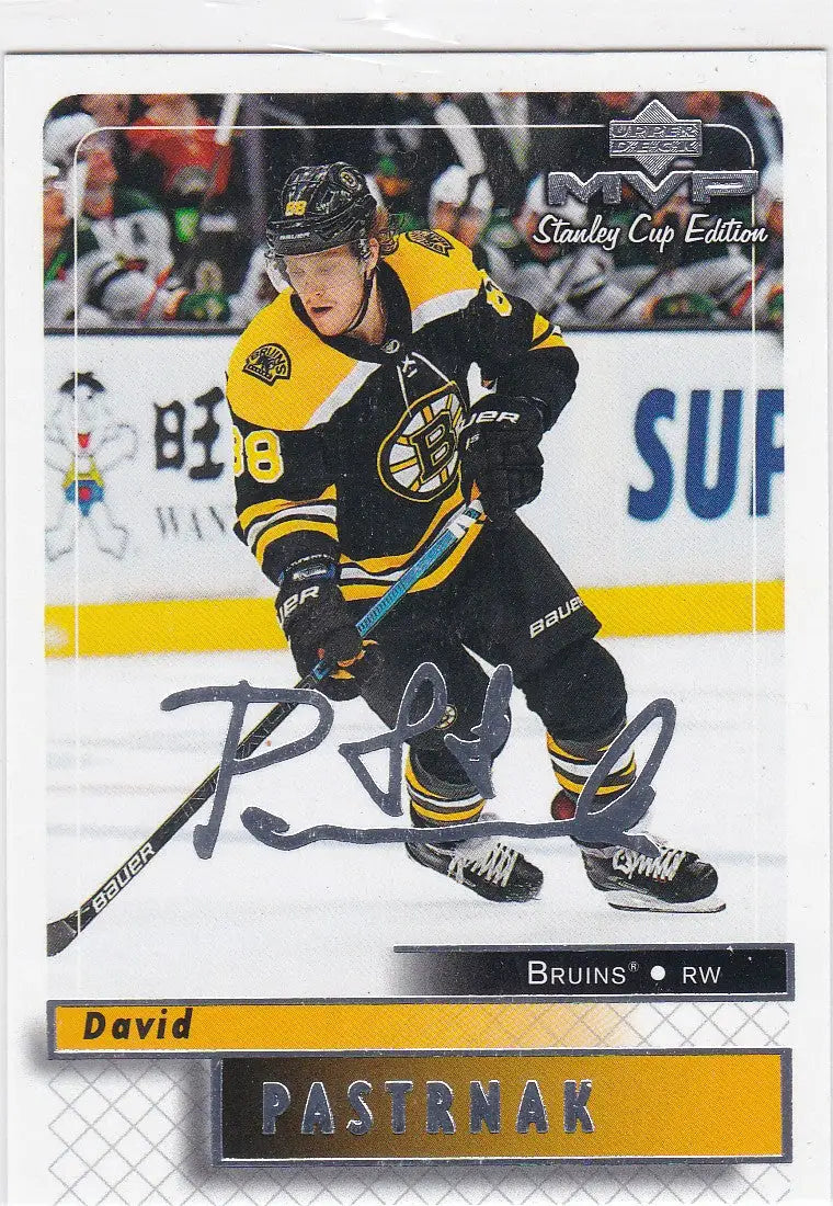 Hockey trading card featuring David Pastrnak Boston Bruins autograph 2019 MVP Stanley Cup edition silver script