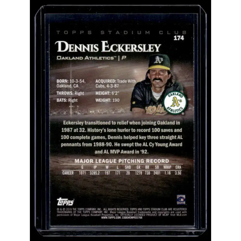 2019 Stadium Club #174 Dennis Eckersley NM-MT Oakland Athletics Baseball Card - Baseball Card Single