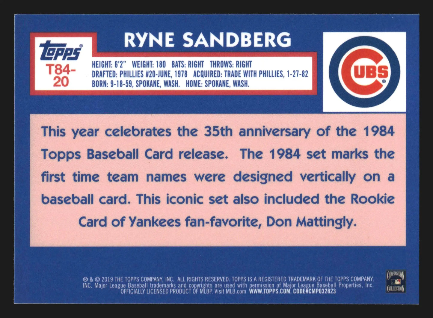 2019 Topps 1984 Chrome Ryne Sandberg #T84-20 Silver Pack Mojo Refractor HOF - Baseball Card Single