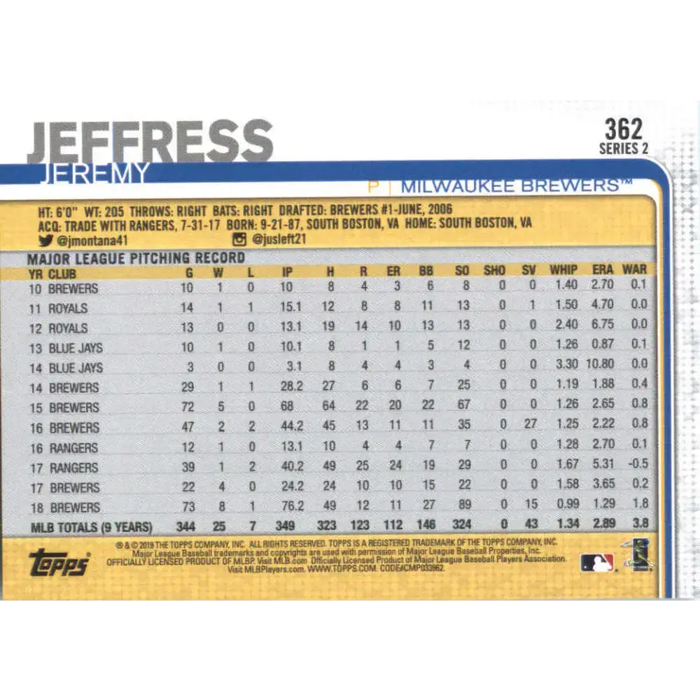 2019 Topps #362 Jeremy Jeffress NM-MT Milwaukee Brewers Baseball Card - Baseball Card Single