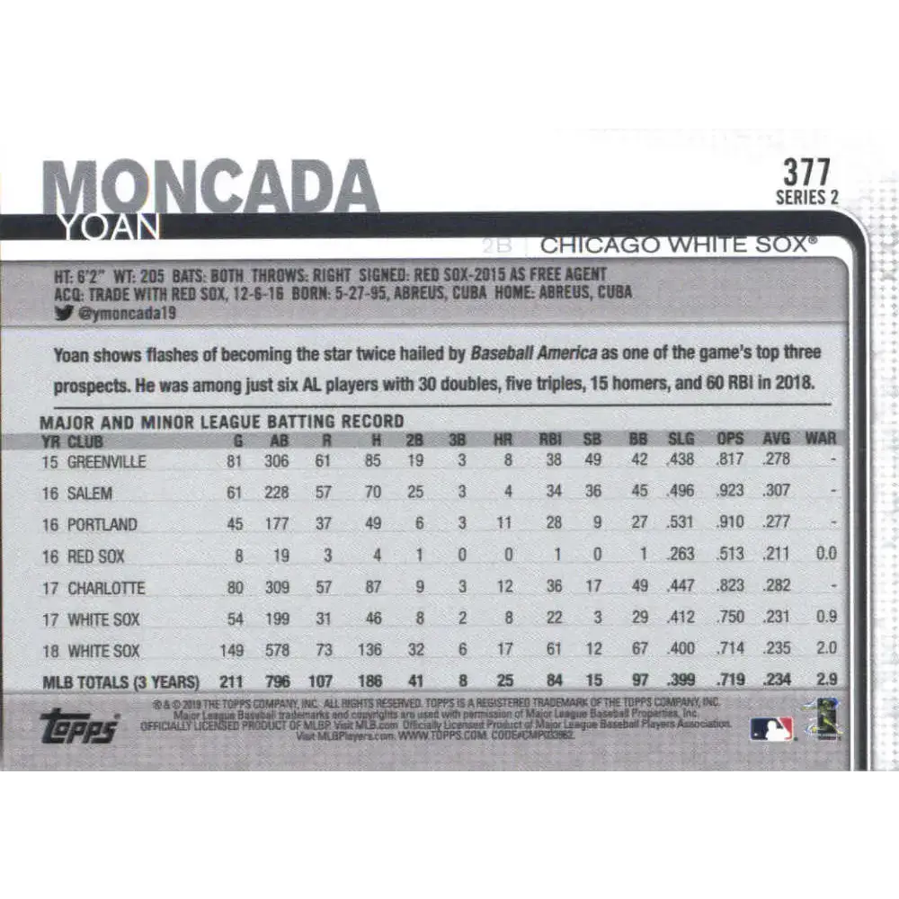 2019 Topps #377 Yoan Moncada NM-MT Chicago White Sox Baseball Card