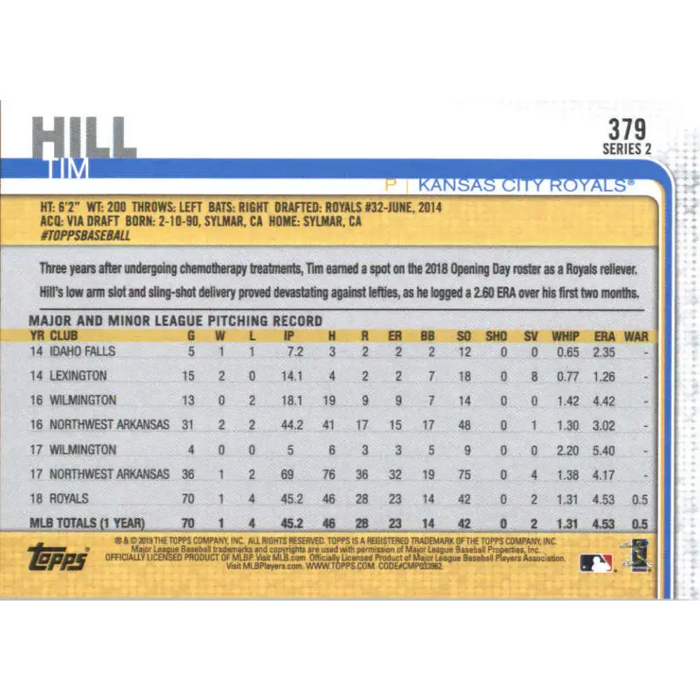 2019 Topps #379 Tim Hill NM-MT RC Rookie Kansas City Royals Baseball Card - Baseball Card Single