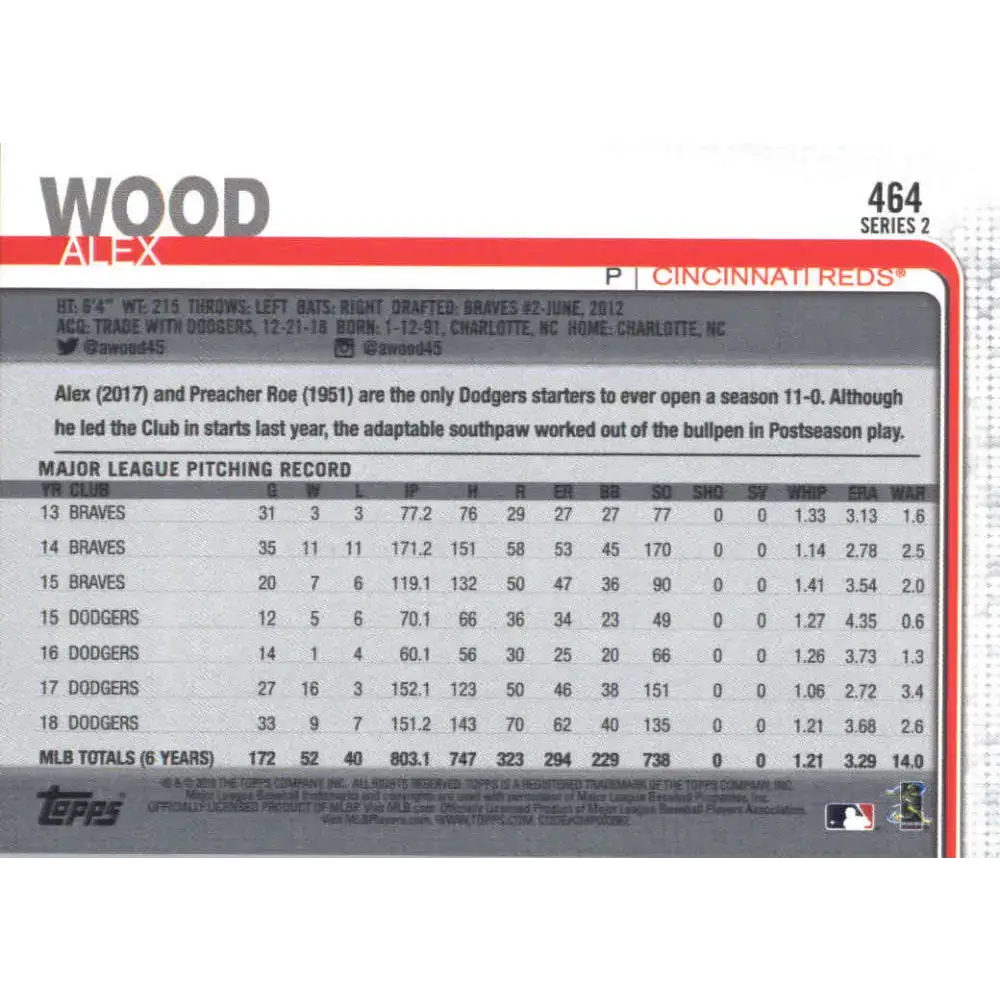 2019 Topps #464 Alex Wood NM-MT Cincinnati Reds Baseball Card - Baseball Card Single