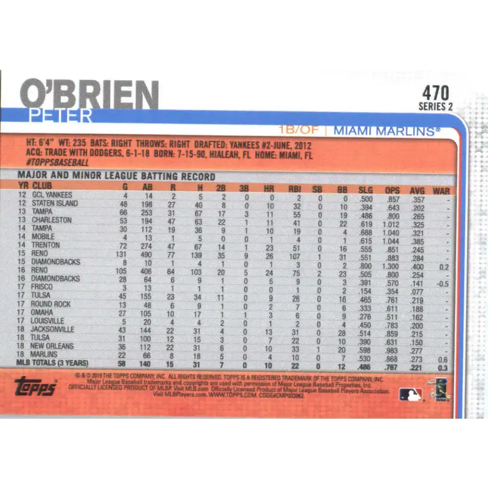 2019 Topps #470 Peter O’Brien NM-MT Miami Marlins Baseball Card - Baseball Card Single