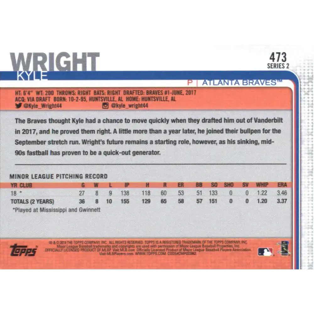 2019 Topps #473 Kyle Wright NM-MT RC Rookie Atlanta Braves Baseball Card - Baseball Card Single