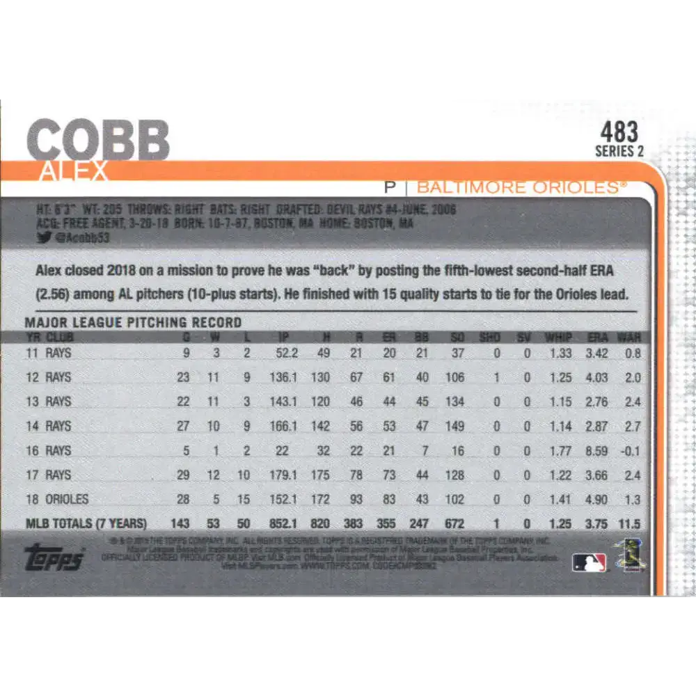 2019 Topps #483 Alex Cobb NM-MT Baltimore Orioles Baseball Card - Baseball Card Single