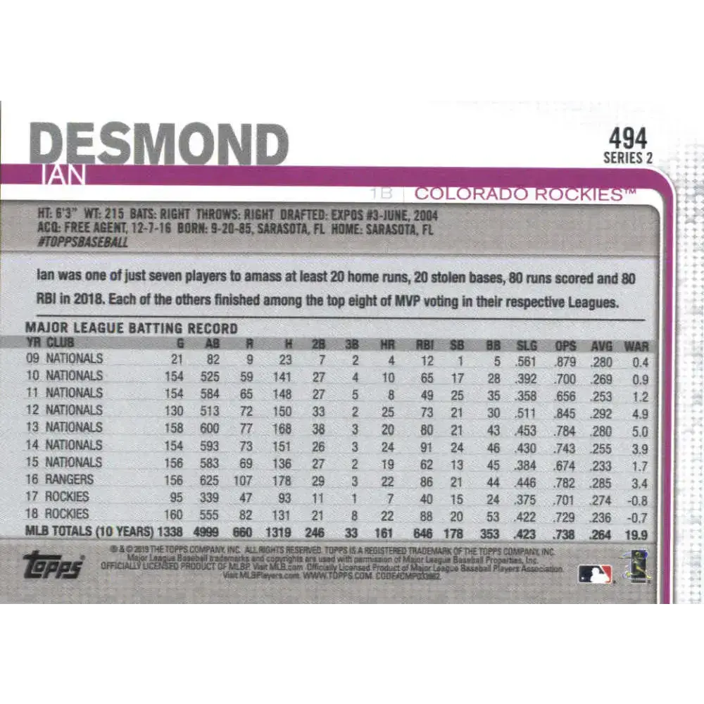 2019 Topps #494 Ian Desmond NM-MT Colorado Rockies Baseball Card - Baseball Card Single