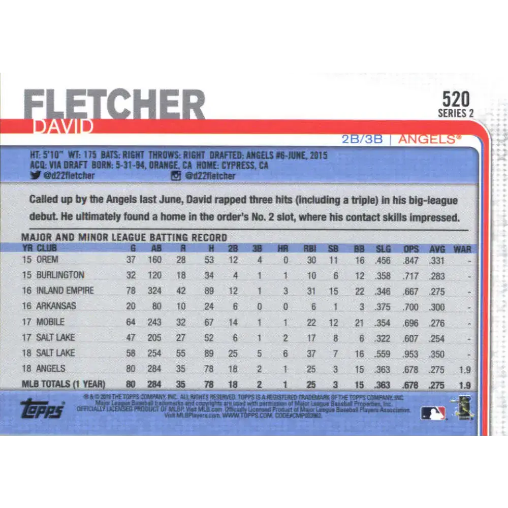 2019 Topps #520 David Fletcher NM-MT RC Rookie Los Angeles Angels Baseball Card - Baseball Card Single