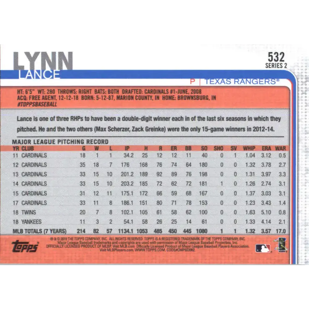 2019 Topps #532 Lance Lynn NM-MT Texas Rangers Baseball Card - Baseball Card Single